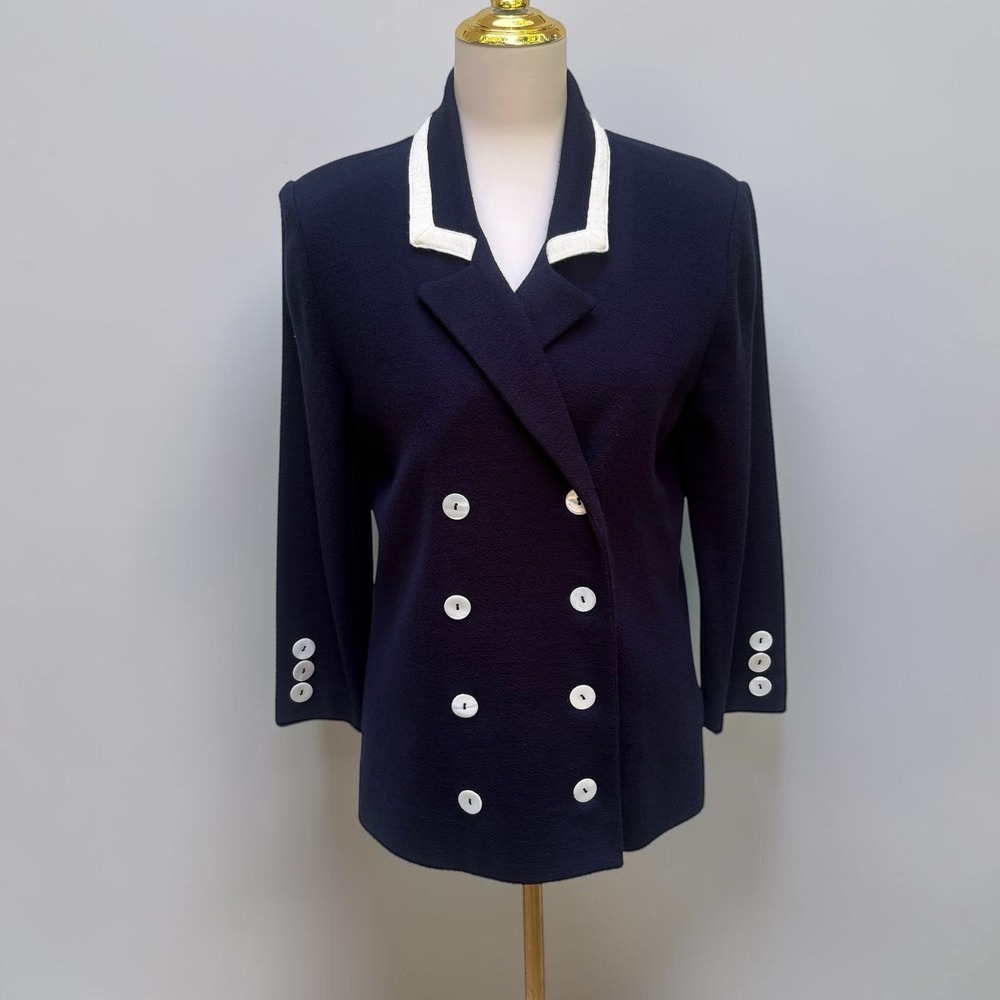 VTG Double Breasted Blazer 8 Navy Cream Nautical Wool Blend USA Made 70s 80s